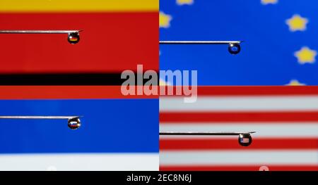 Gros plan d'une goutte de vaccin avec des indicateurs nationaux sur une aiguille de seringue. Banque D'Images