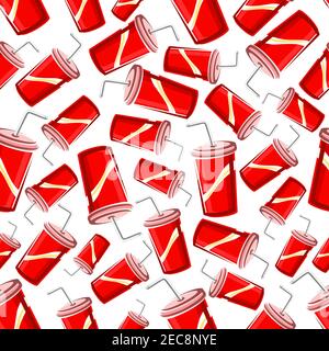 Restauration rapide, boissons gazeuses sucrées, fond avec un motif sans couture de gobelets en papier rouge à emporter de boissons gazeuses avec de la paille à boire. Restauration rapide café ou nourriture Illustration de Vecteur