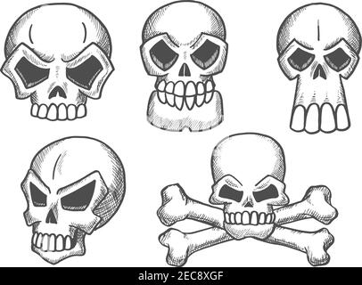 Icônes d'esquisse Skulls. Squelette crâniums crossbone pour halloween décoration, dessin animé, étiquette, tatouage Illustration de Vecteur