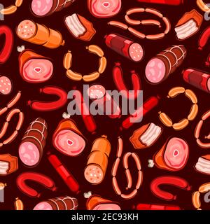 Saucisses et encas à base de viande. Papier peint sans couture de boucherie épicerie fine salami, épicerie fine, pepperoni, wurst, meatloaf, bratwurst, jambon Illustration de Vecteur