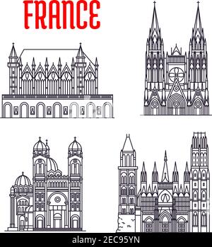 Bâtiments historiques de France. Les icônes vectorielles de la cathédrale de Marseille, de la cathédrale de Rouen, de l'abbaye de Saint-Ouen, de Sainte-Chapelle. Salle de spectacle française Illustration de Vecteur