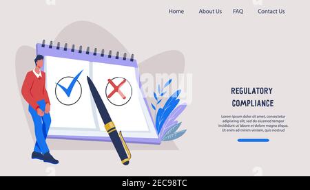 Page Web sur la conformité réglementaire, les règles de l'entreprise, illustration vectorielle plate. Illustration de Vecteur