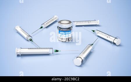 Vaccination de masse contre Covid-19 concept: Plusieurs seringues disposées autour d'une bouteille de vaccin Covid-19. Banque D'Images