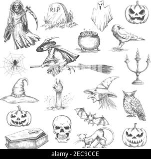 Halloween crayon croquis icônes décoratives. Vecteur isolé éléments de conception de sorcière dans le chapeau volant sur le bésom, effrayant potiron, mort avec scythe, tom Illustration de Vecteur