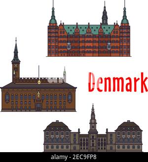 Bâtiments historiques et architecture du Danemark. Palais de Christiansborg, château de Frederiksborg, hôtel de ville de Copenhague. Expositions danoises icônes détaillées pour Illustration de Vecteur