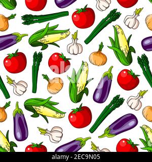 Légumes mûrs fond sans couture avec tomates, oignons, aubergines, ail, maïs et légumes asperges. Thème de l'agriculture ou de la conception de jardinage Illustration de Vecteur
