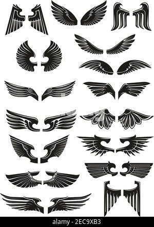 Jeu d'icônes ailes noires. Héraldique vintage oiseau, aigle, ailes d'ange contour silhouettes pour tatouage, héraldique ou étiquette tribale. Élément d'armure gothique vectoriel Illustration de Vecteur