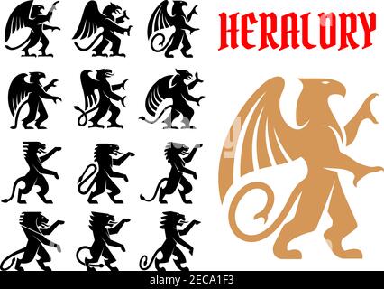 Jeu d'icônes héraldiques et mythiques. Silhouettes d'emblème heralsec vectoriel de Griffin, Dragon, Lion, Pegasus, Cheval pour tatouage, bouclier Illustration de Vecteur