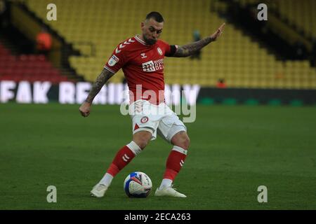 Watford, Royaume-Uni. 13 février 2021. Jack Hunt de Bristol City en action pendant le match. EFL Skybet Championship Match, Watford et Bristol City au stade Vicarage Road à Watford le samedi 13 février 2021. Cette image ne peut être utilisée qu'à des fins éditoriales. Utilisation éditoriale uniquement, licence requise pour une utilisation commerciale. Aucune utilisation dans les Paris, les jeux ou les publications d'un seul club/ligue/joueur. photo par Steffan Bowen/Andrew Orchard sports photographie/Alay Live news crédit: Andrew Orchard sports photographie/Alay Live News Banque D'Images