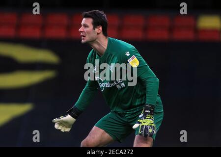 Watford, Royaume-Uni. 13 février 2021. Daniel Bachmann de Watford en action pendant le jeu. EFL Skybet Championship Match, Watford et Bristol City au stade Vicarage Road à Watford le samedi 13 février 2021. Cette image ne peut être utilisée qu'à des fins éditoriales. Utilisation éditoriale uniquement, licence requise pour une utilisation commerciale. Aucune utilisation dans les Paris, les jeux ou les publications d'un seul club/ligue/joueur. photo par Steffan Bowen/Andrew Orchard sports photographie/Alay Live news crédit: Andrew Orchard sports photographie/Alay Live News Banque D'Images