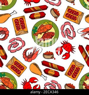 Gastronomie fond sans couture. Papier peint avec motif vectoriel de saucisses, fruits de mer, crabe, homard, caviar, cuisse de poulet Illustration de Vecteur