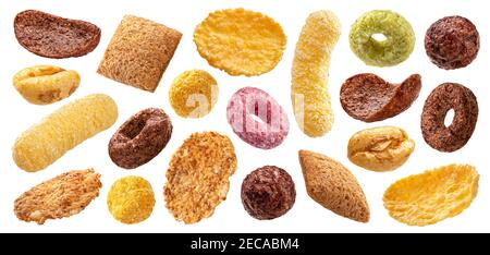 Différents types de céréales de petit déjeuner isolées sur fond blanc Banque D'Images