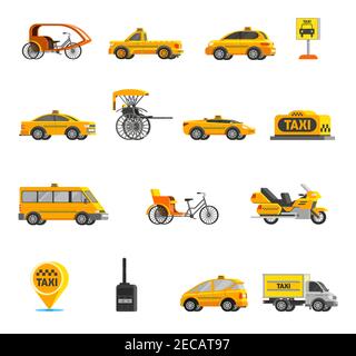 Icônes de taxi ensemble de différents types de véhicules et de voitures dans une illustration vectorielle isolée de style plat Illustration de Vecteur