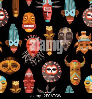 Motif plat sans couture avec masques ethniques rituels africains illustration vectorielle d'arrière-plan noire Illustration de Vecteur