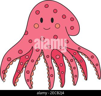 Illustration de vecteur mignon de poulpe. Tracé à la main, contour océan, marin, animal poulpe rose de mer. Isolé. Illustration de Vecteur