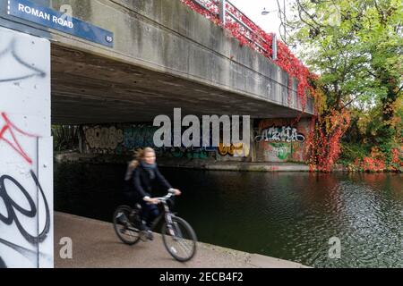Femme pédalant sur un chemin le long de Regent's Canal à Bethnal Green, Londres Angleterre Royaume-Uni Banque D'Images