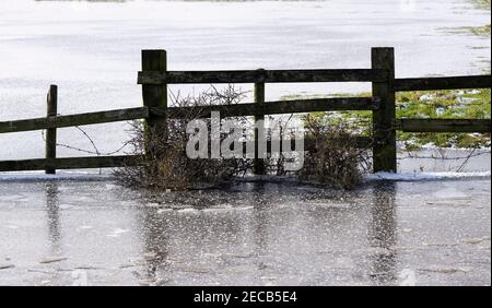 Clôture de ferme piégée dans l'eau de crue gelée Banque D'Images