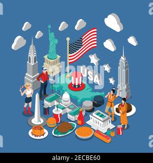 Composition de concept USA avec symboles de culture et de voyage vecteur isométrique illustration Illustration de Vecteur