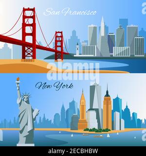 Banderoles plates horizontales USA avec san francisco et nouveau votrek illustration de vecteur isolé de composition de cityscapes Illustration de Vecteur