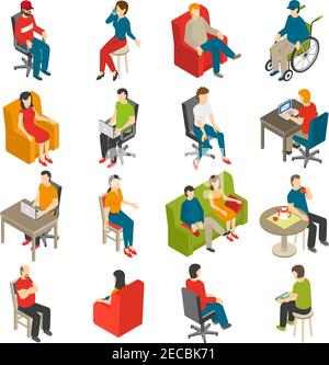 Ensemble d'icônes isométriques de personnes diverses assises sur des chaises différentes illustration vectorielle isolée Illustration de Vecteur