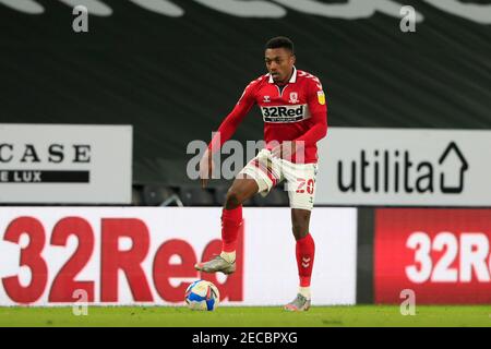 Derby, Royaume-Uni. 13 février 2021. Darnell Fisher #20 de Middlesbrough à Derby, Royaume-Uni le 13/2021. (Photo de Conor Molloy/News Images/Sipa USA) crédit: SIPA USA/Alay Live News Banque D'Images