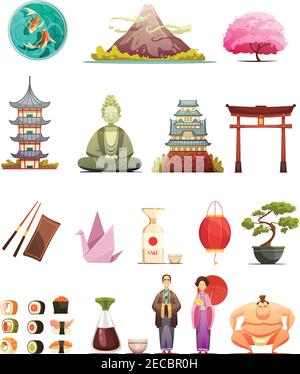 Culture japonaise traditions cuisine rétro caricatures collection icônes avec cerise blossom bonsai et sumo catchler illustrations vectorielles isolées Illustration de Vecteur