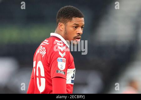 Derby, Royaume-Uni. 13 février 2021. Chuba Akpom #10 de Middlesbrough à Derby, Royaume-Uni le 2/13/2021. (Photo de Conor Molloy/News Images/Sipa USA) crédit: SIPA USA/Alay Live News Banque D'Images