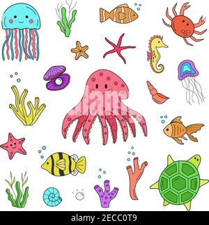 Jeu d'illustrations pour animaux vecteurs sous-marins. La mer dessinée à la main, l'océan, les animaux de la bande dessinée marine. Imprimé graphique isolé, autocollants en toile. Illustration de Vecteur