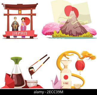 Traditions culturelles japonaises pour les voyageurs 4 composition carrée de dessins animés rétro avec sushi et illustration vectorielle isolée par saké Illustration de Vecteur