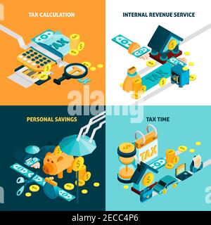 Icônes de concept isométriques de taxe avec symboles d'épargne personnelle isolés illustration vectorielle Illustration de Vecteur