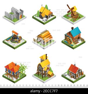 Collection de bâtiments médiévaux isométriques avec maisons anciennes de la citadelle sur pilotis illustration vectorielle de moulin et bien isolée Illustration de Vecteur