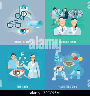 Équipement de centre de diagnostic ophtalmologique oculiste pour le test et la correction de la vision 4 icônes plates carrés résumé illustration de vecteur isolé Illustration de Vecteur
