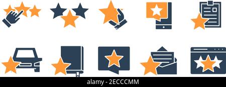 Ensemble d'icônes colorées de rétroaction en étoile. Témoignages, notation, réseaux sociaux, contrôle de la qualité et plus encore. Illustration de Vecteur