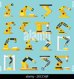 Mains robotiques de convoyeur d'automatisation mécanique industrielle pour la fabrication de plat orthogonal icônes isolées définies sur un rapport d'illustration de vecteur bleu clair Illustration de Vecteur