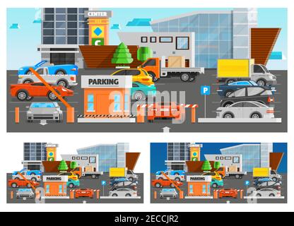 Des compositions orthogonales de stationnement de centre commercial avec voiture et camions illustration vectorielle isolée plate Illustration de Vecteur