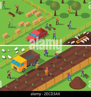 Les agriculteurs au travail plantent en récoltant les cultures et les fruits 2 bannières isométriques composition poster résumé illustration vectorielle Illustration de Vecteur