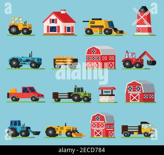 Icônes plates orthogonales d'exploitation définies avec différents types de transport moulin à la maison des granges de différentes tailles et bien sur le vert illustrateur de vecteur isolé de l'herbe Illustration de Vecteur