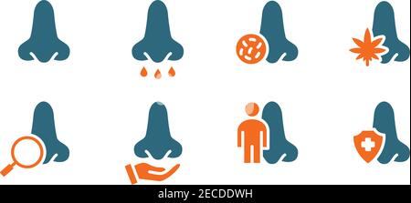 Ensemble d'icônes de couleur nez humain. Organe olfactif sain, maladies du nez et des sinus paranasaux, diagnostic, symbole du traitement Illustration de Vecteur