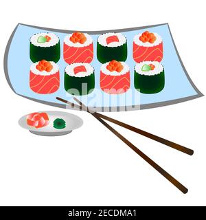 Ensemble de sushis et de petits pains prêts à l'emploi, isolés sur fond blanc. Un plat traditionnel japonais. Illustration de Vecteur