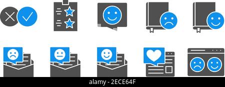 Ensemble d'icônes colorées de commentaires des consommateurs. Aime et n'aime pas, les témoignages, le contrôle de la qualité, l'avis des clients et plus encore. Illustration de Vecteur