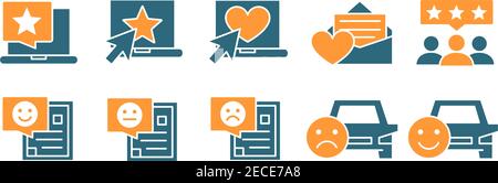 Ensemble d'icônes colorées de commentaires des clients. Classement, charité, réseaux sociaux, témoignages et plus encore. Illustration de Vecteur