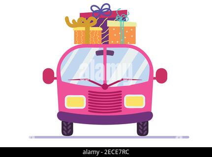Voiture rétro rose avec illustrations vectorielles boîtes présentes Illustration de Vecteur