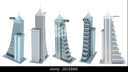 5 rendus de gratte-ciel de conception fictive avec héliport sur le toit avec reflet bleu ciel nuageux - isolé sur blanc, haute vue 3d illustration de l'archi Banque D'Images