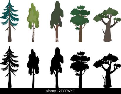 Ensemble d'icônes d'arbres de bouleau, de chêne, d'épinette et de leur silhouette Illustration de Vecteur