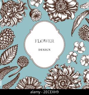 Logo sur le motif avec fleur de pavot, gerbera, tournesol, laitoued, dahlia, veronica Illustration de Vecteur