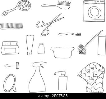 Motif fixe avec éléments en monoline dans la salle de bains. Éléments intérieurs de salle de bains dessinés à la main. Miroir de bain, évier de brosse à dents, robinet de serviette, peigne à ciseaux Illustration de Vecteur