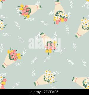 Bouquet de fleurs printanières tulipes et jonquilles fond sans couture. Illustration vectorielle Illustration de Vecteur