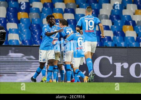 Lorenzo Insigne, l'attaquant italien de SSC Napoli, célèbre après avoir inscrit un but avec son équipe lors du match de football Serie A entre SSC Napoli et Juventus FC au stade Diego Armando Maradona, Naples, Italie, le 13 février 2021 Banque D'Images