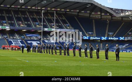 Stade BT Murrayfield, Édimbourg.Écosse Royaume-Uni.13 février 21. Match Guinness six Nations. Ecosse contre le pays de Galles faites la ligne avant le match . Crédit : eric mccowat/Alay Live News Banque D'Images