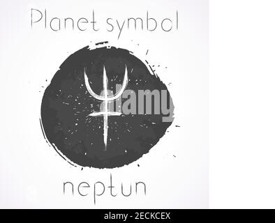 Illustration vectorielle avec symbole de planète astrologique tracé à la main NEPTUNE sur fond d'encre grunge. Monochrome. Illustration de Vecteur